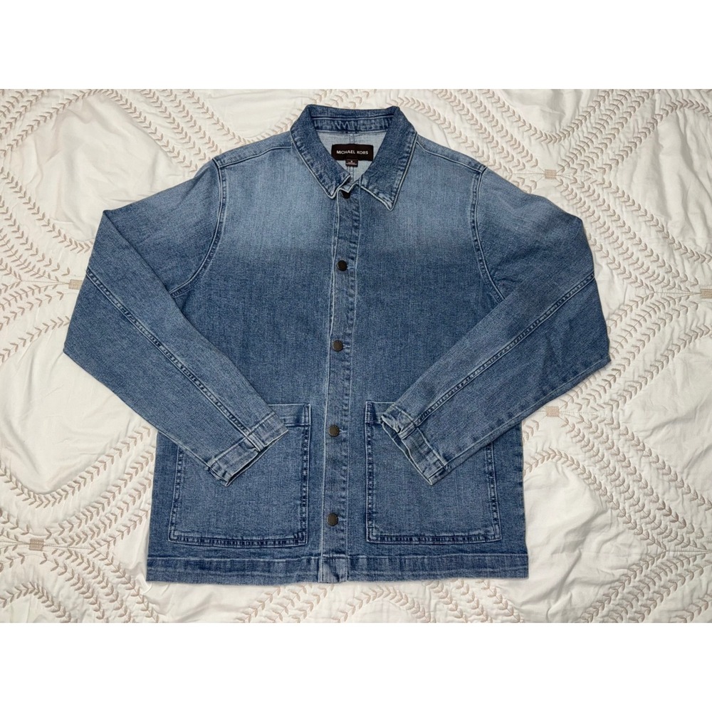 Michael Kors Beckett Denim Chore Jacket Mens Medium Blue Utility Trucker NWT‎